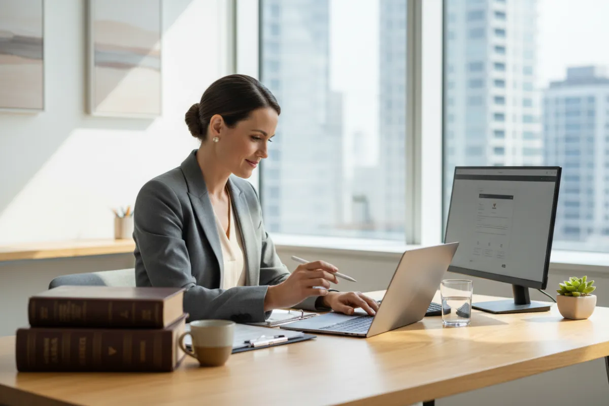 A confident small business owner sits at a modern desk, reviewing marketing analytics on a laptop, with abstract AI data visualizations floating in the background. The scene is bright, professional, and energetic, evoking innovation and approachability. 3:2 aspect ratio.