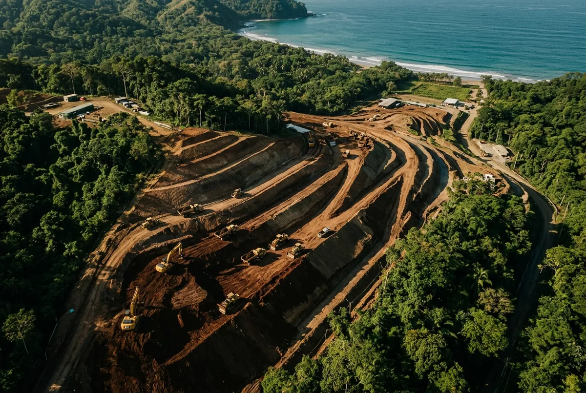 Drone aerial view of site preparation and land grading in Labuan Bajo