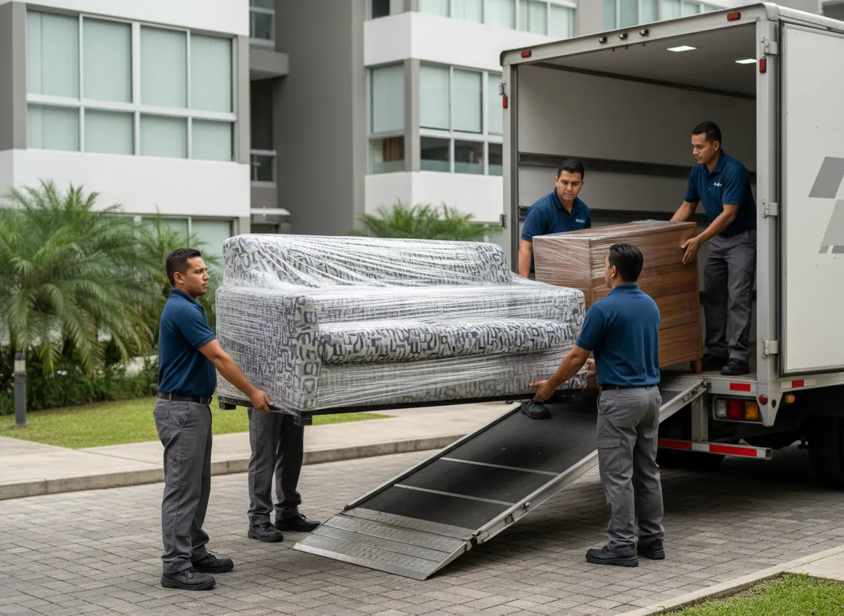Equipo profesional realizando una mudanza ordenada y protegida