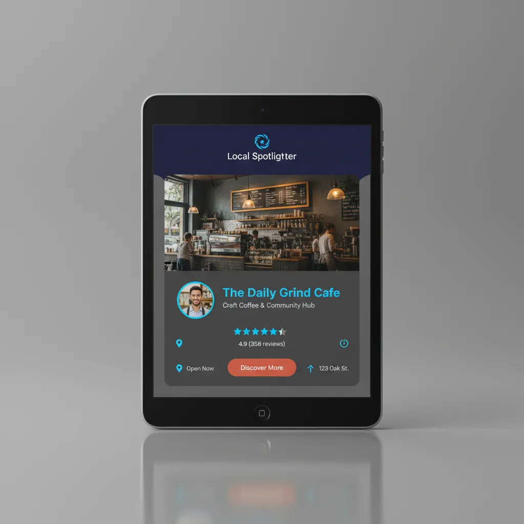 Preview of a local business directory card page showing hours, contact details, and a current promotion
