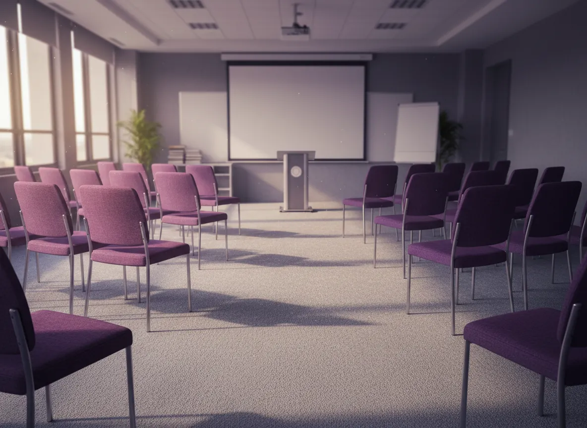 Classroom with purple chairs set up for a group class