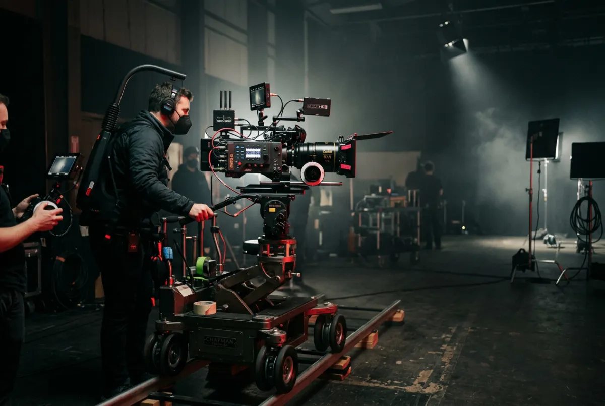 Cinematic 4K music video camera setup on studio soundstage