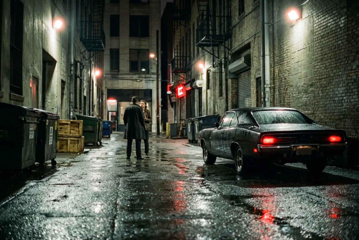 Atmospheric film location with professional actors and lighting props