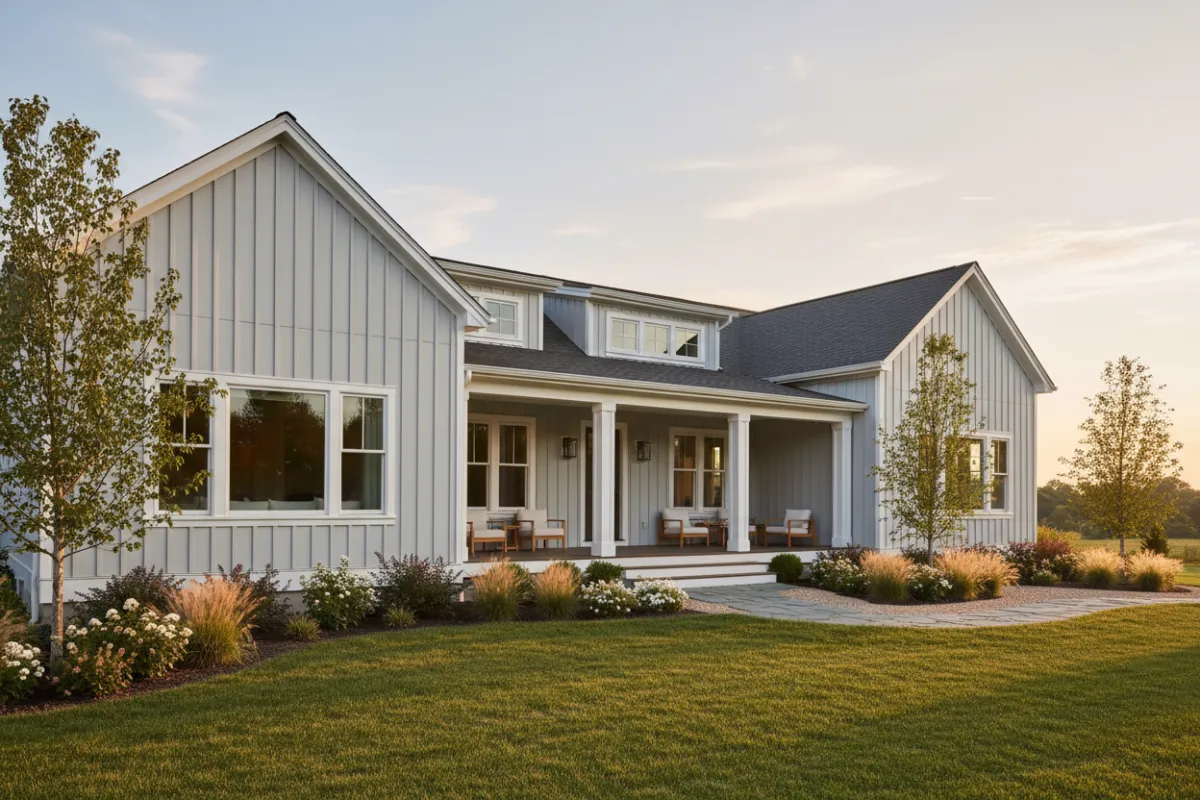 Modern exterior renovation with new siding, porch, and landscaping at golden hour.