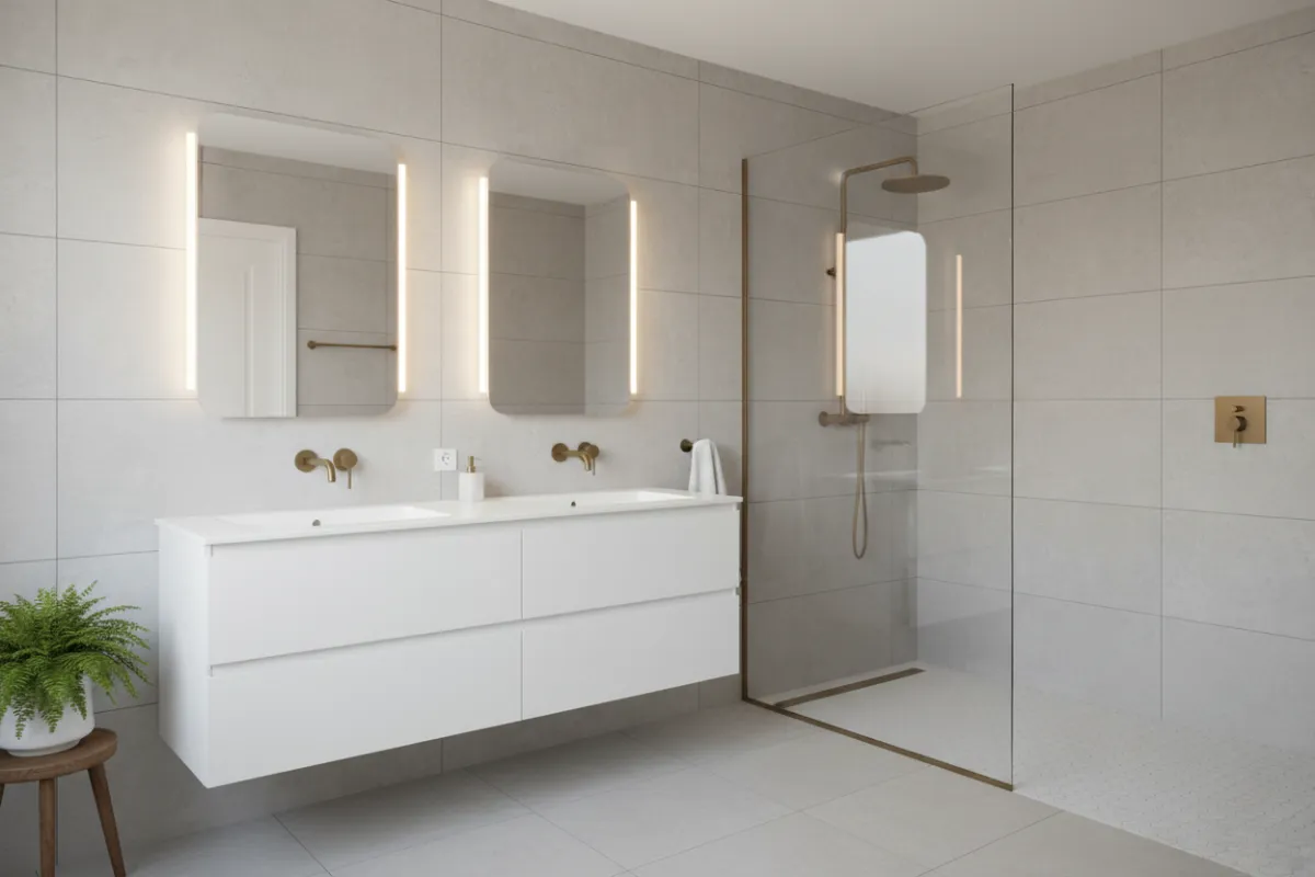 Bright bathroom refresh with new tile, floating vanity, and matte brass fixtures.