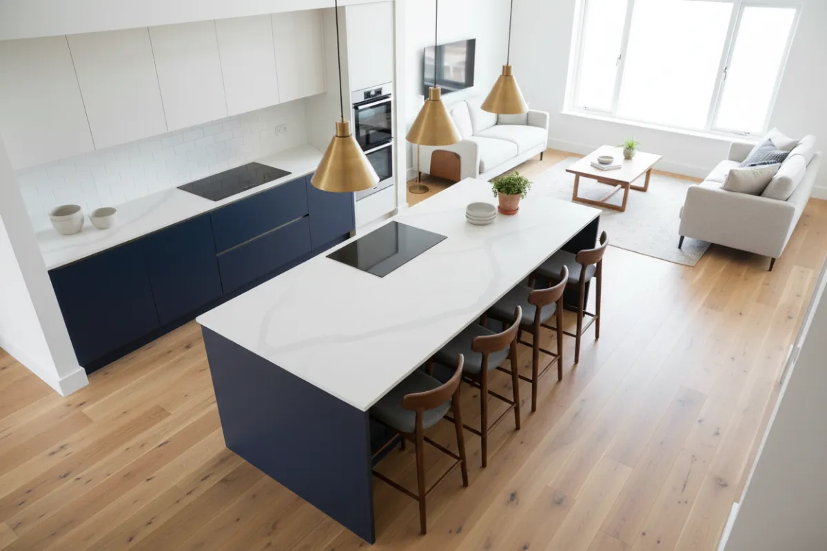 Open plan kitchen update with island seating, brass pendants, and engineered hardwood.