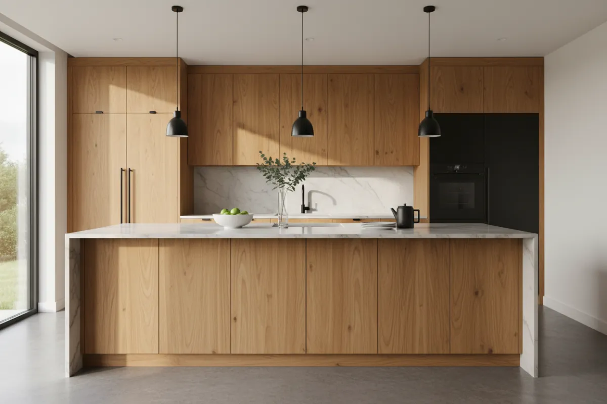 Bright, modern kitchen renovation with warm oak cabinets and matte black fixtures in an open plan layout.