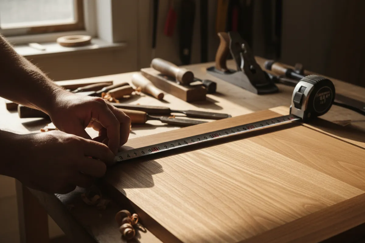Carpenter carefully measuring custom cabinetry in a workshop, highlighting meticulous craftsmanship.