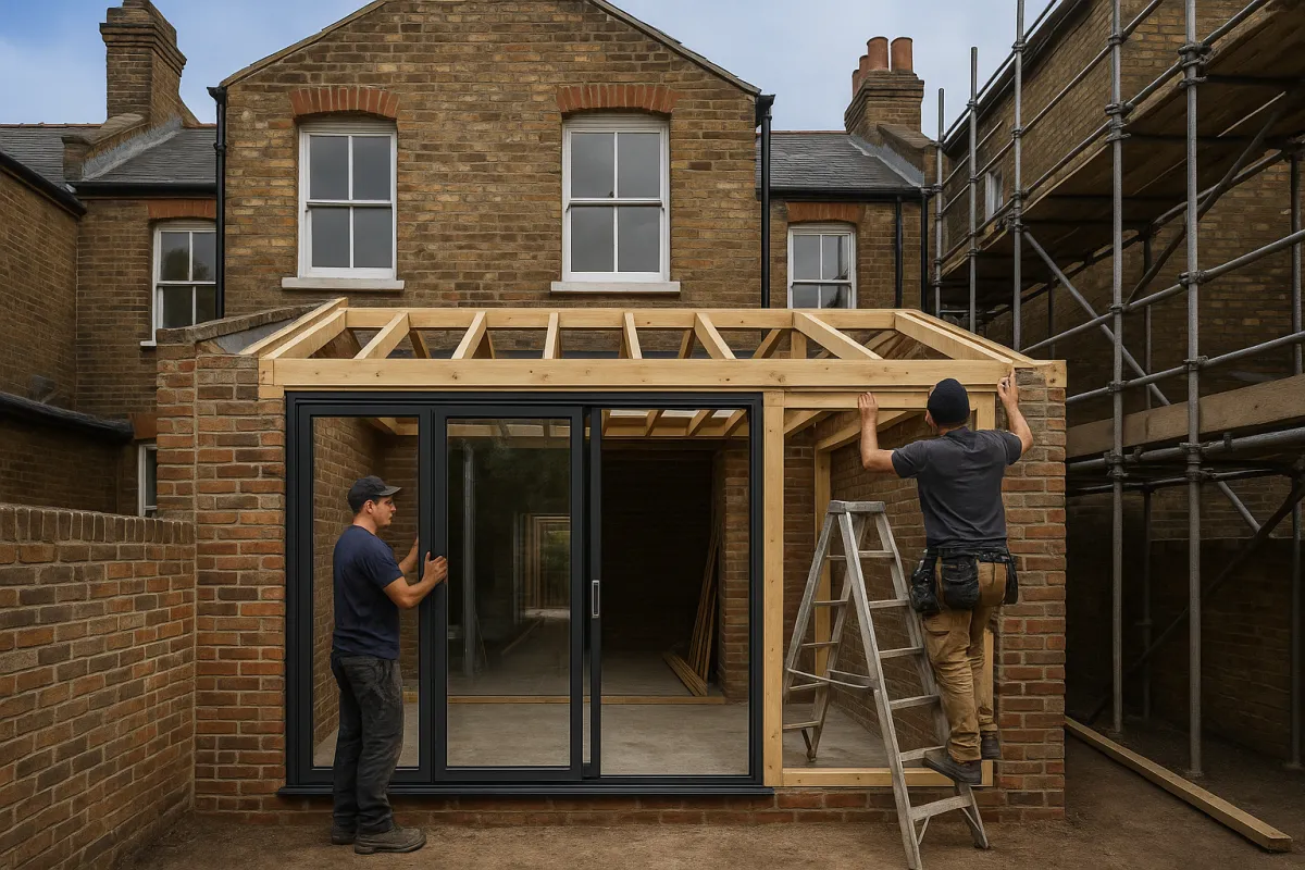 After shot of a UK rear extension interior: open-plan kitchen with full-height glazing, oak flooring, recessed lighting, family dining area, soft natural daylight and modern finishes.