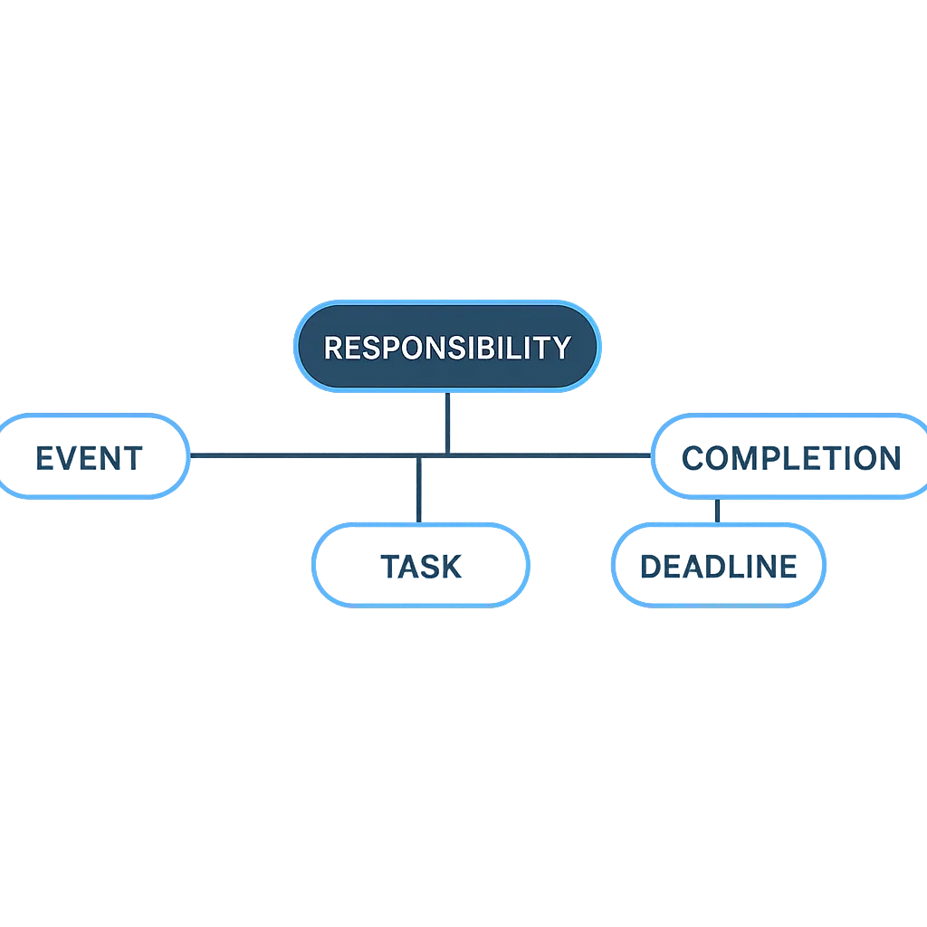 Clean horizontal workflow diagram showing event to completion tracking
