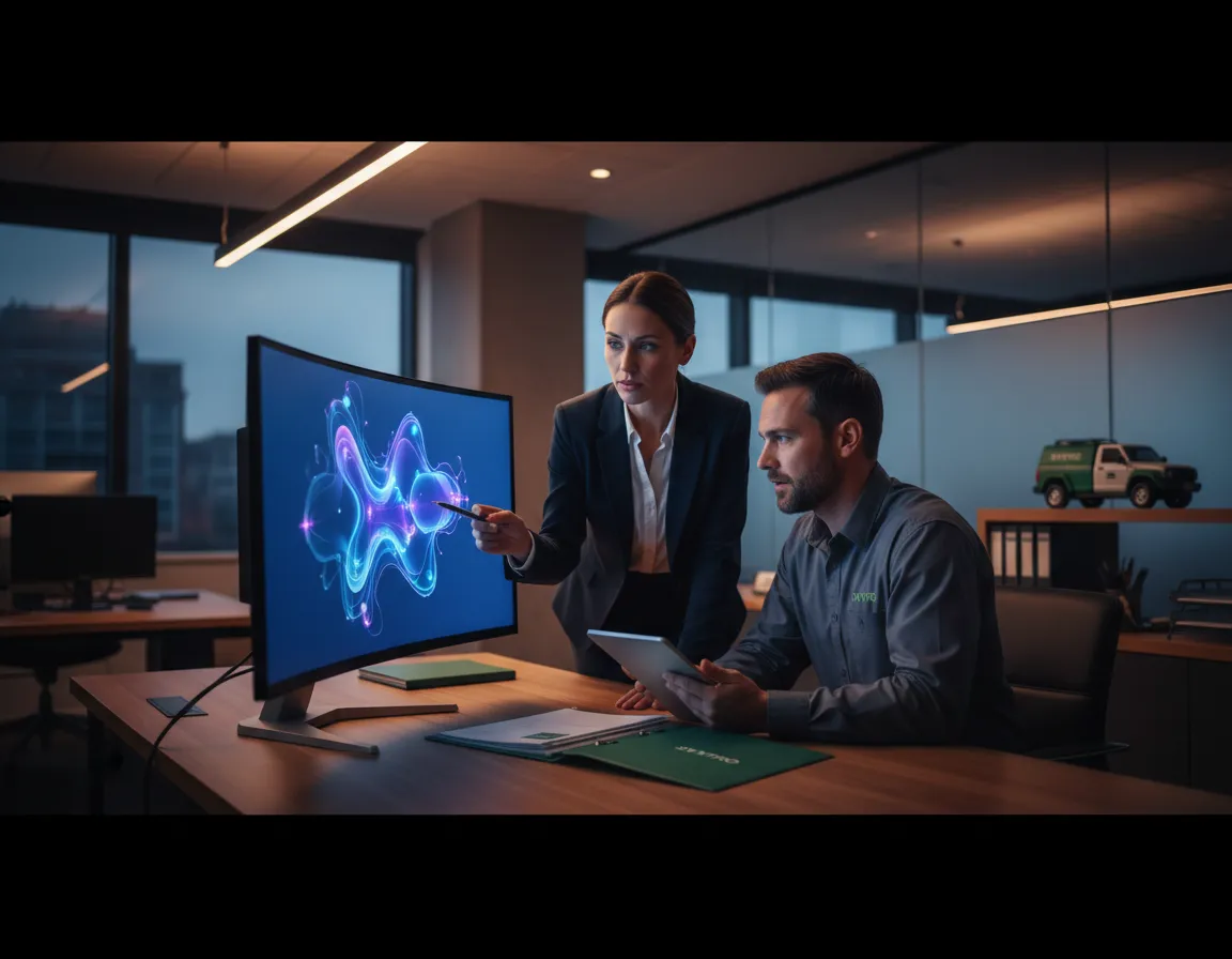 Office manager and field technician reviewing centralized customer records