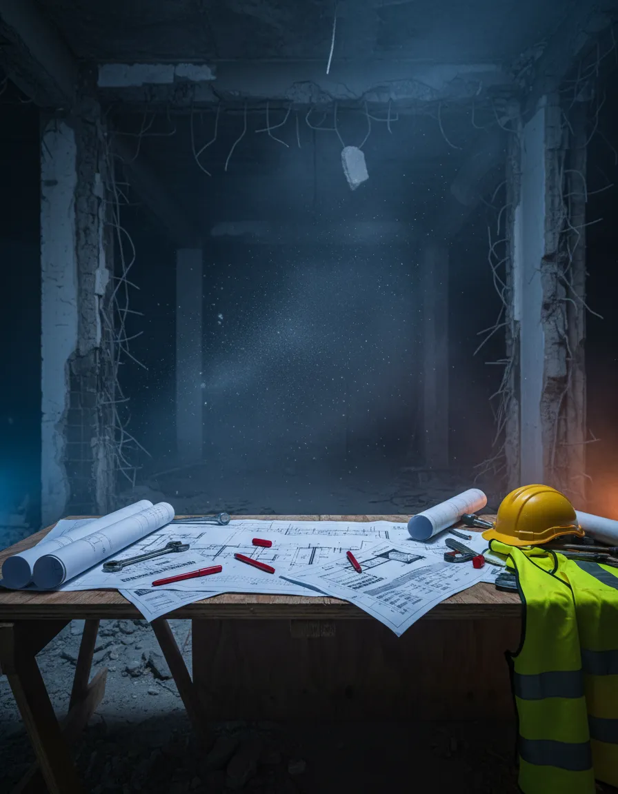 Chaotic demolition site with scattered physical blueprints representing manual estimating overload