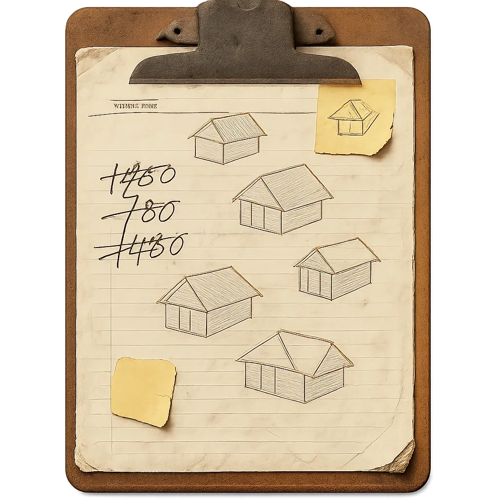 A messy roofing clipboard full of manual estimation errors, crossed out numbers, and disconnected notes
