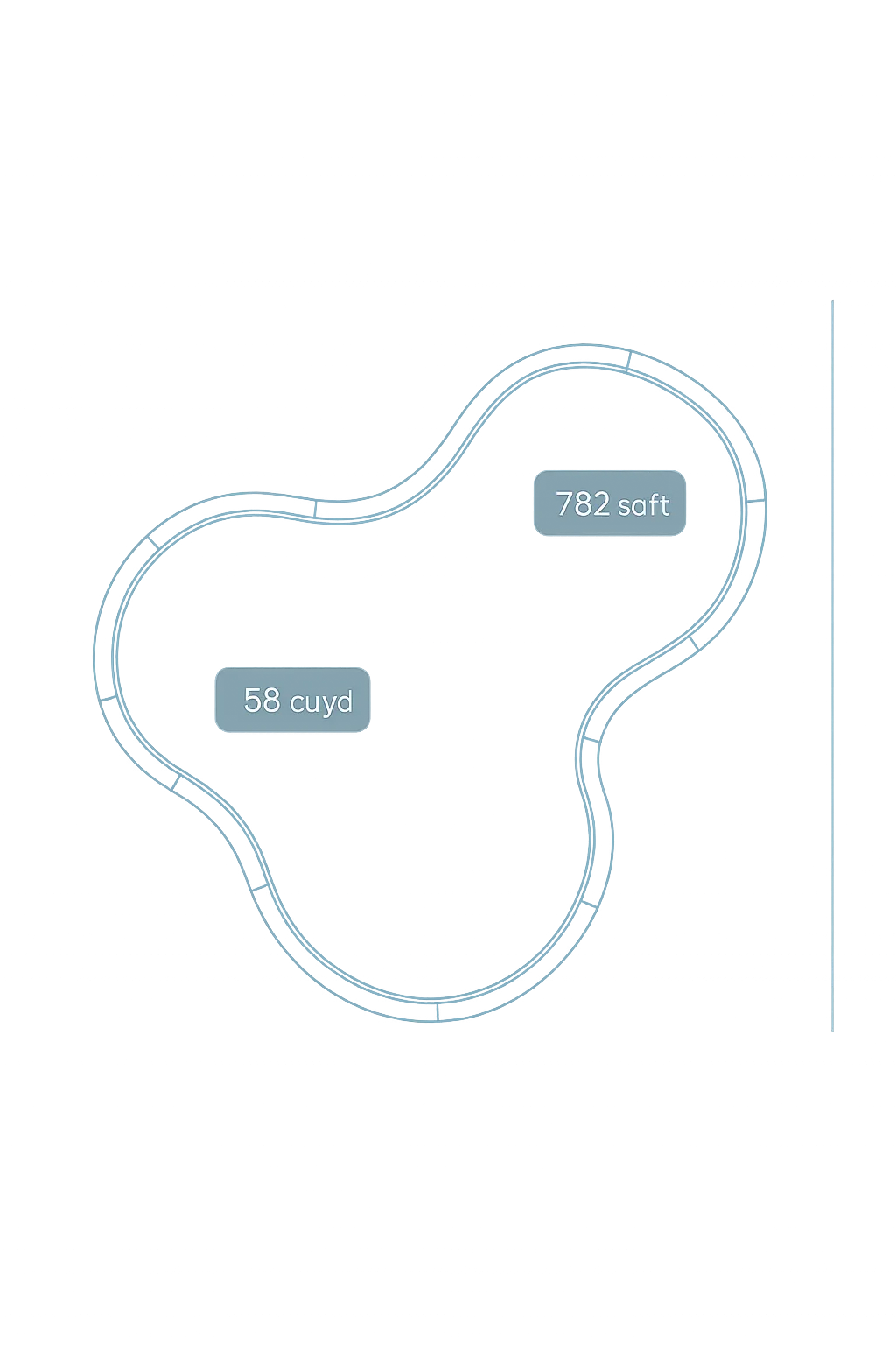 Semi-transparent blueprint image with glowing cyan vector lines tracing a pool perimeter, featuring floating UI tags showing area and estimated gunite volume