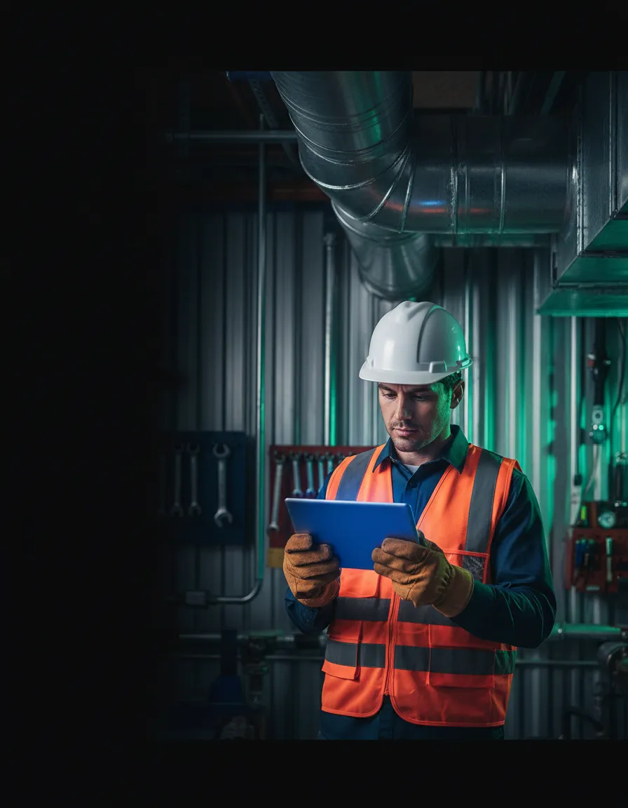 HVAC professional using SYNTRO Estimating Software on a tablet on-site