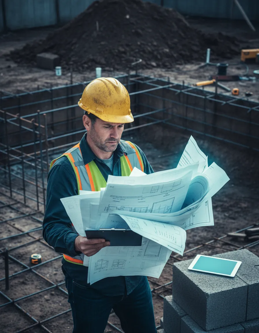 Frustrated site manager looking at scattered paper pool plans