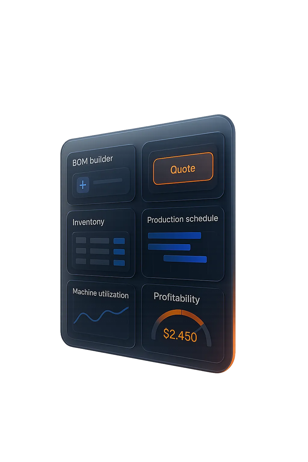 Floating Dashboard Module graphic with 3D depth showing the manufacturing workflow