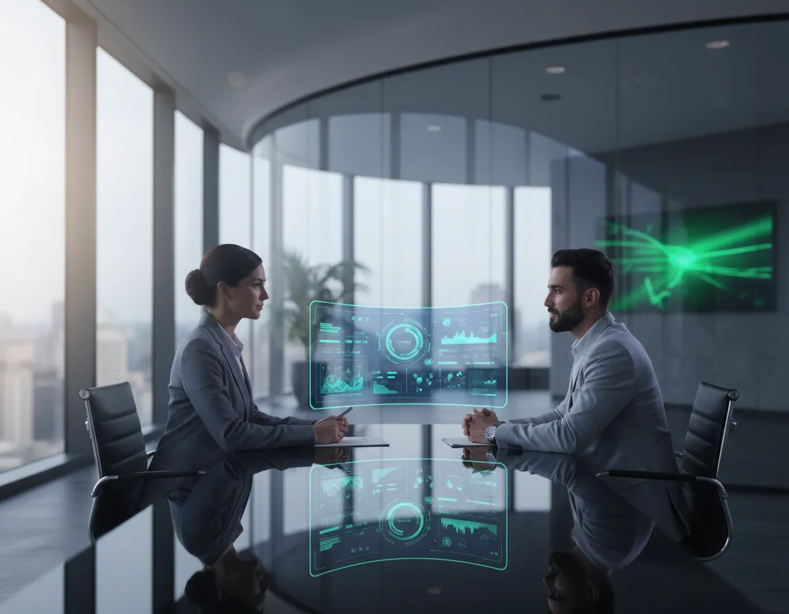 Expert guiding a client through an intelligent dashboard