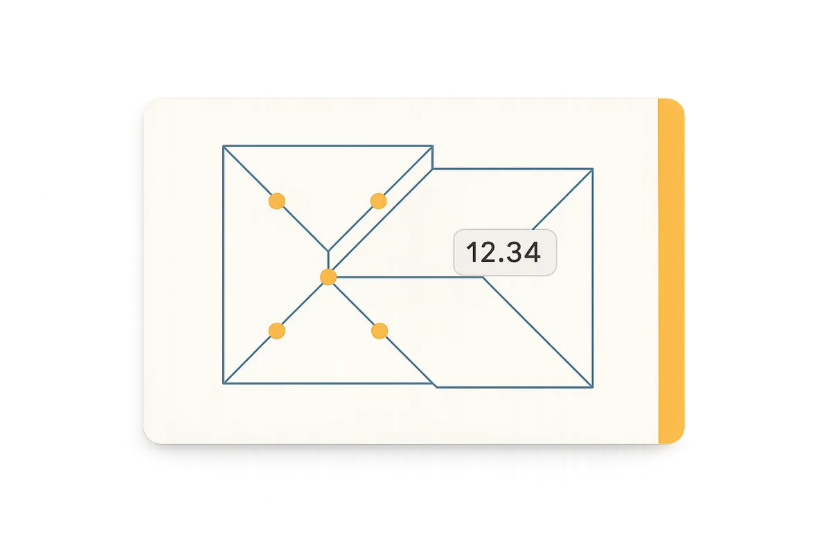 AI Takeoff Blueprint Card showing digital measurement overlays on a roof plan