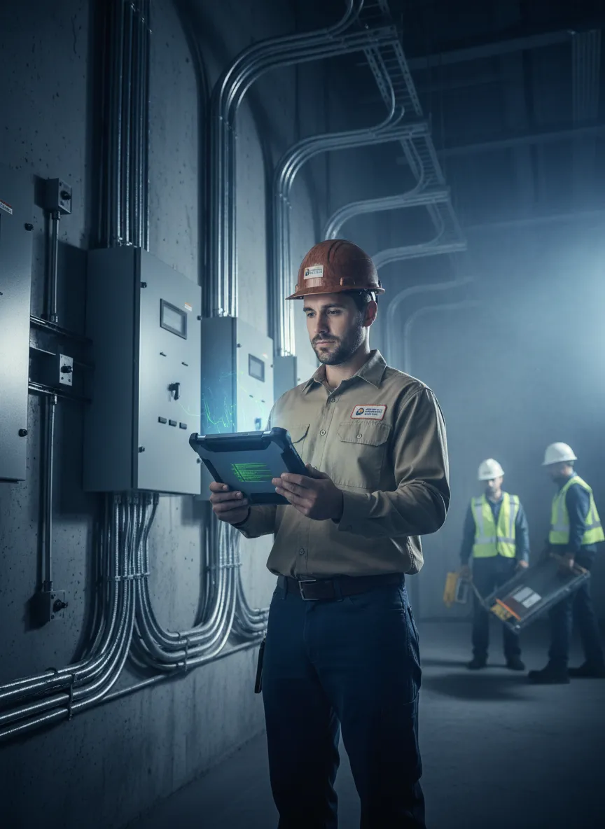 Electrical contractor using SYNTRO software on tablet at job site