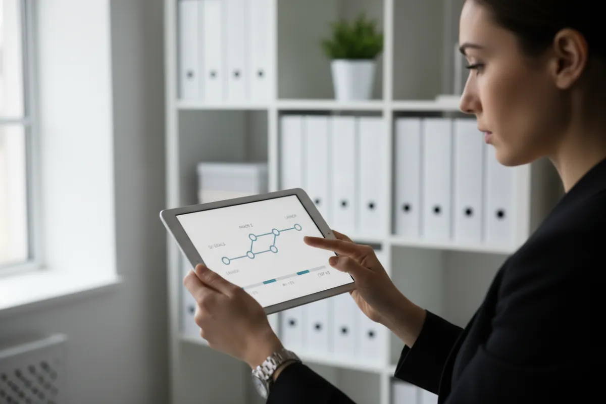 A focused business leader reviewing a concise project roadmap on a digital tablet, with clear milestones and KPIs visible, symbolizing clarity and goal alignment.