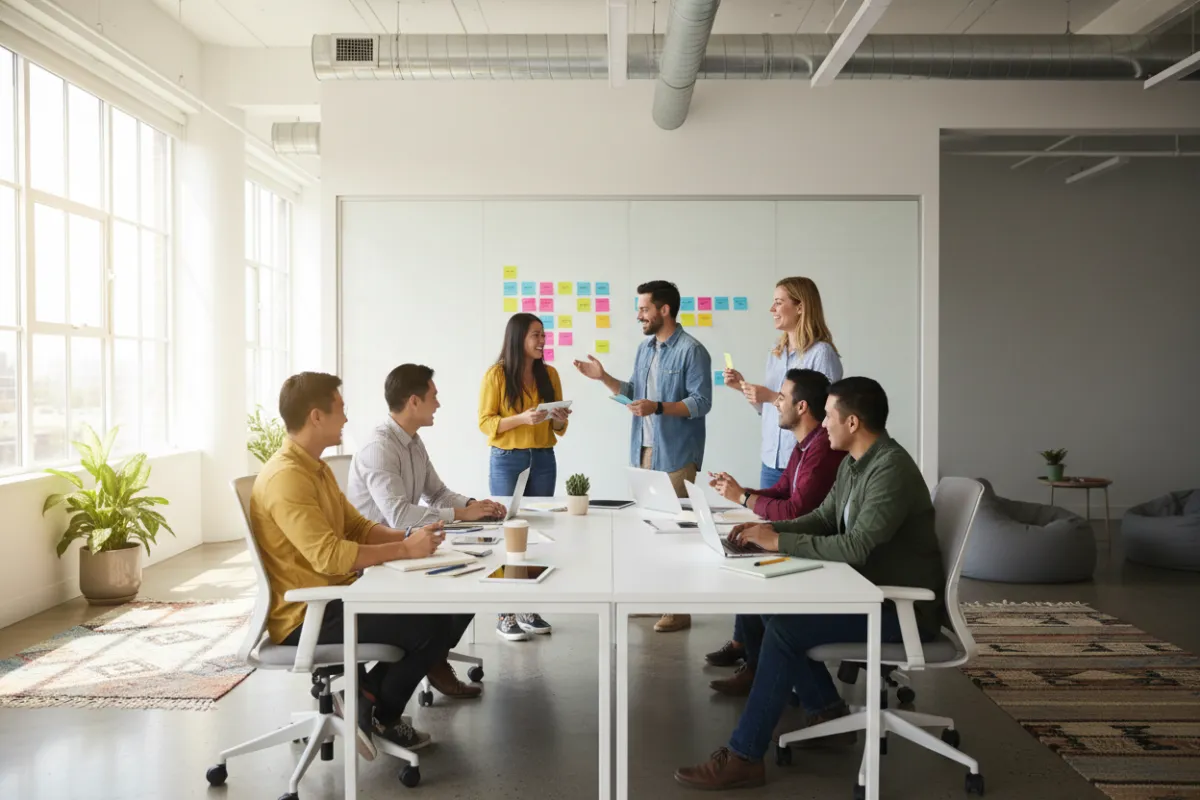 A multicultural project team in a bright workspace, brainstorming with sticky notes and laptops, showing open communication and a willingness to embrace change.