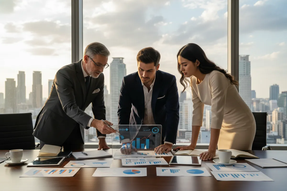 Experienced executive consulting with founders in a boardroom, reviewing growth charts, professional attire, 3:2 aspect ratio