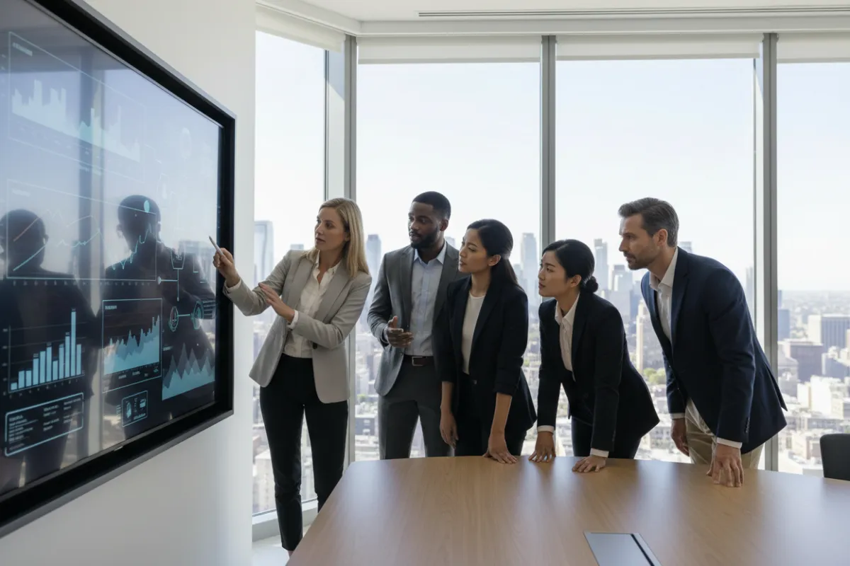A diverse executive team in a modern office, collaborating over a digital strategy board, all focused and engaged, representing a mid-sized business ready for transformation.