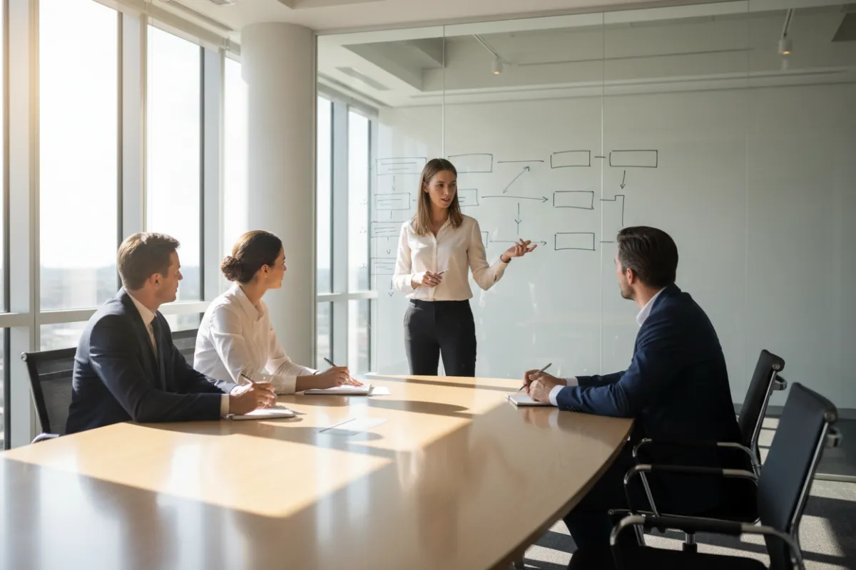 A consultant leading a workshop with business leaders, whiteboard filled with diagrams, everyone engaged and focused, modern office, natural light, 3:2 aspect ratio