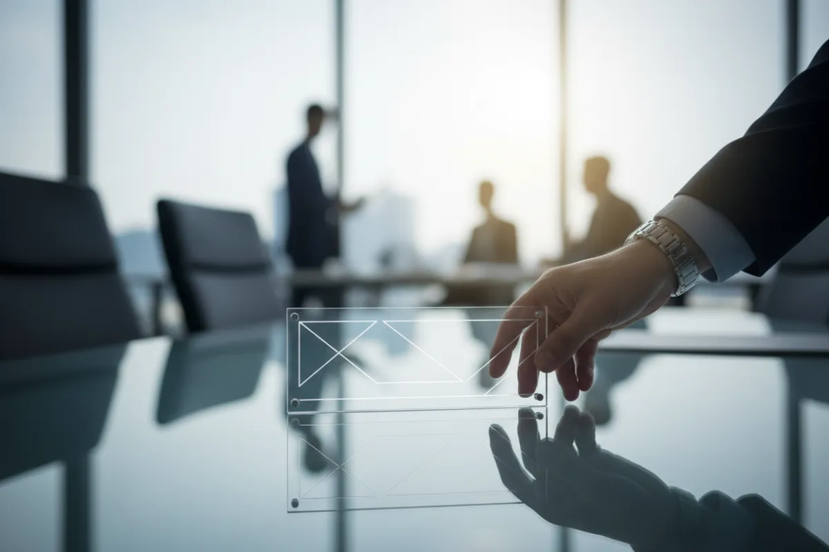 A close-up of a professional consultant's hand gently but firmly placing a clear boundary sign on a glass table, with a blurred office in the background, symbolizing clarity and professionalism.
