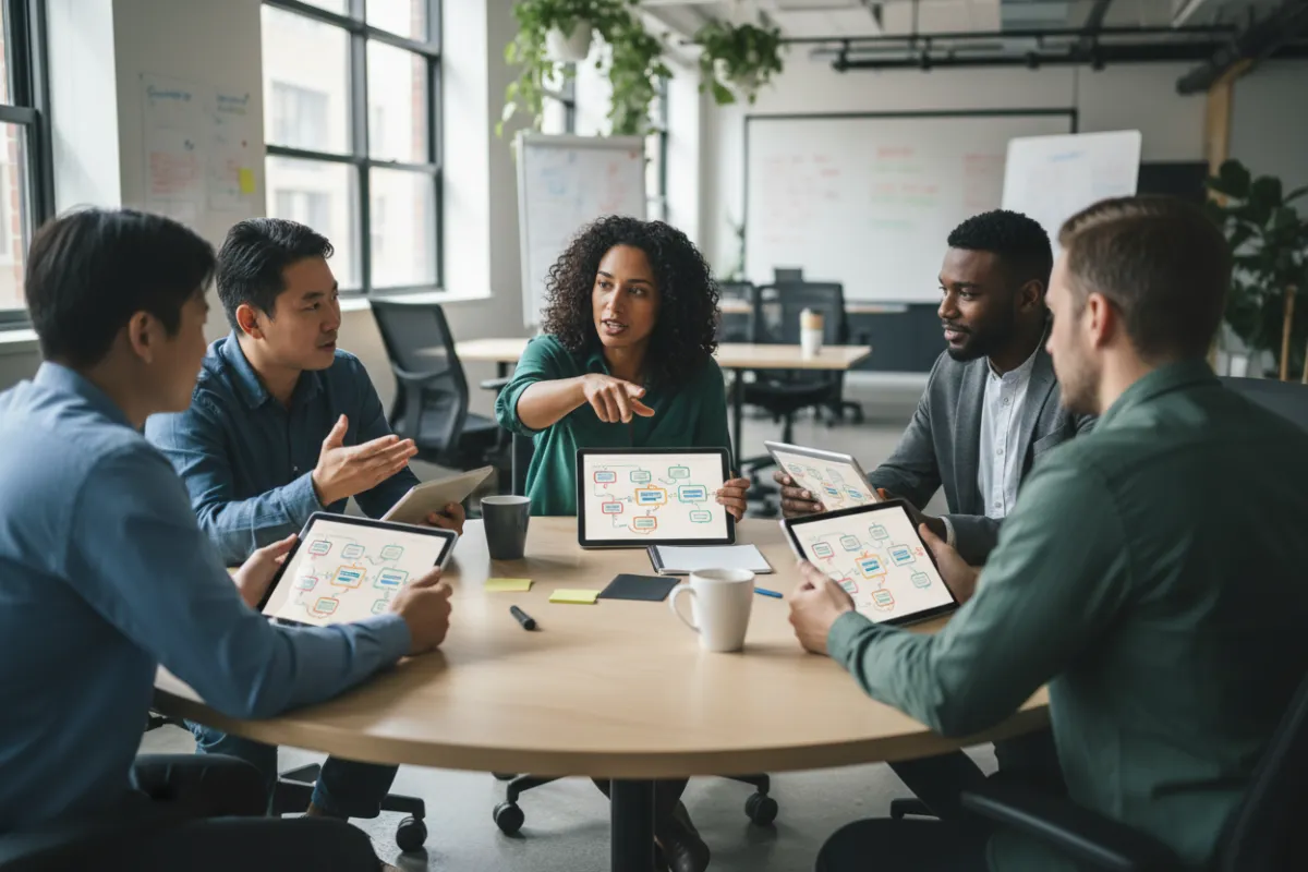 Sales team collaborating at a round table, reviewing process flowcharts on tablets, bright workspace, diverse group, 3:2 aspect ratio