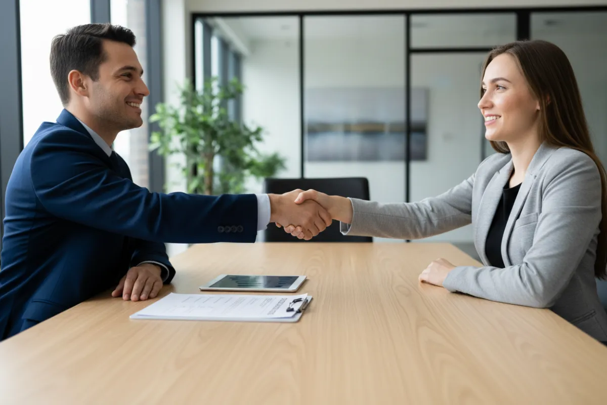 A consultant and client shaking hands across a conference table, with a visible onboarding checklist and digital tablet, in a bright office, symbolizing a structured and welcoming start.