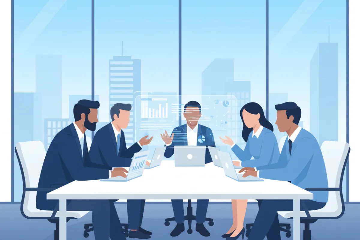 A vibrant digital illustration of a diverse team in a modern office, gathered around a large table with charts and laptops, collaborating on a sales strategy. The background features large windows with city views, and the color palette uses blues and whites for a professional, energetic feel.