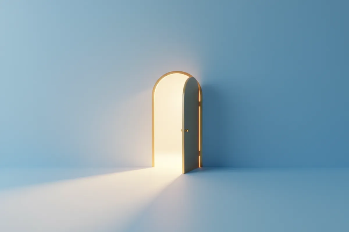 A minimalist digital artwork shows a single open door with light streaming through, symbolizing opportunity and transformation.