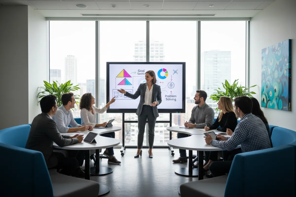 Sales manager coaching team members in a training session, interactive exercises, diverse group, modern workspace, 3:2 aspect ratio