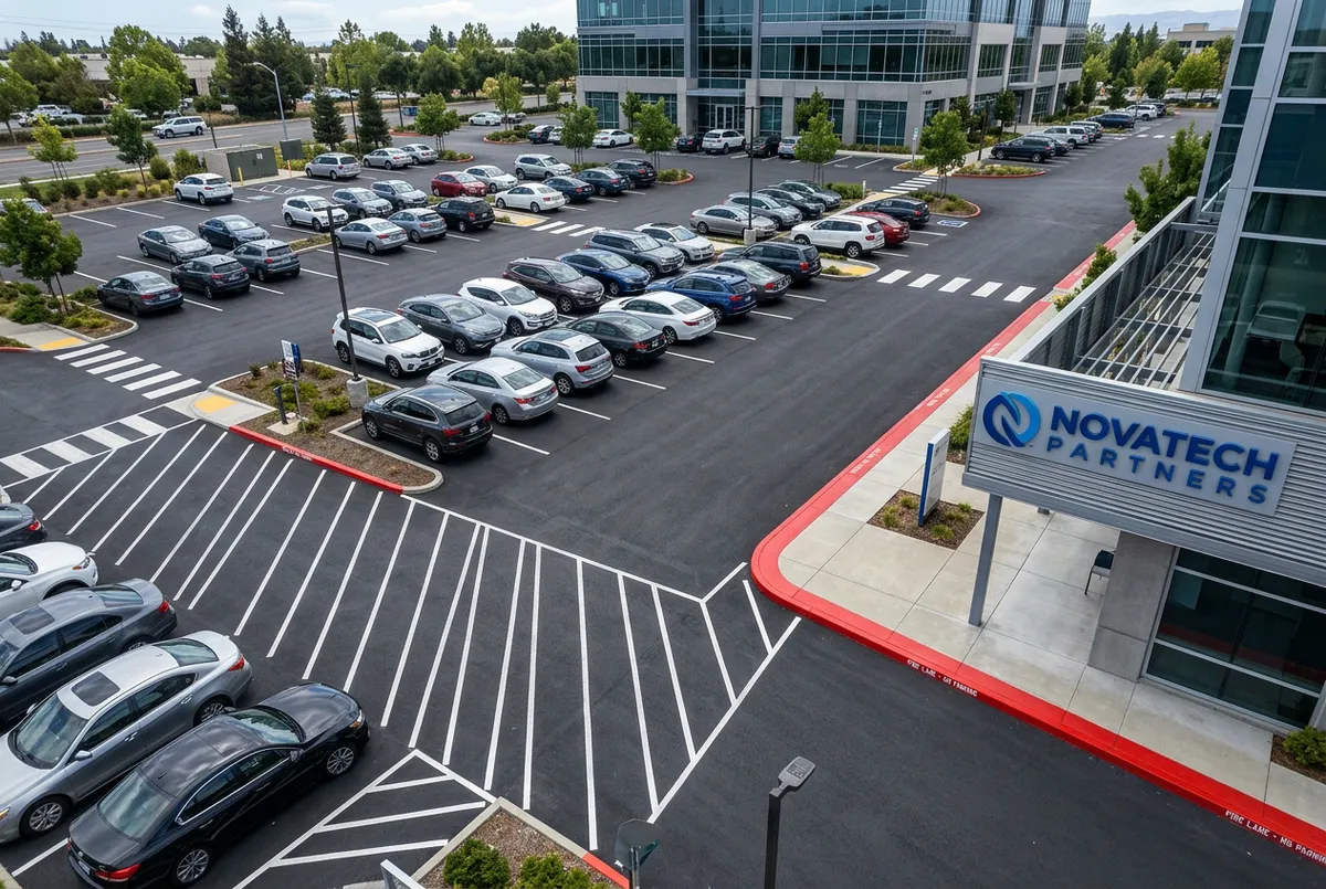 Corporate office building multi-lane asphalt parking layout with numbered stalls