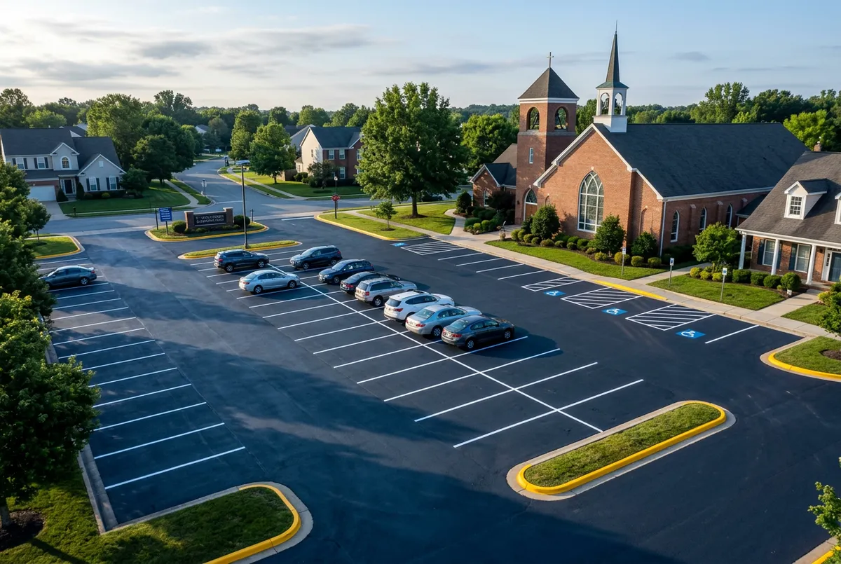 Church parking facility and HOA neighborhood community parking lot with clean yellow curbing