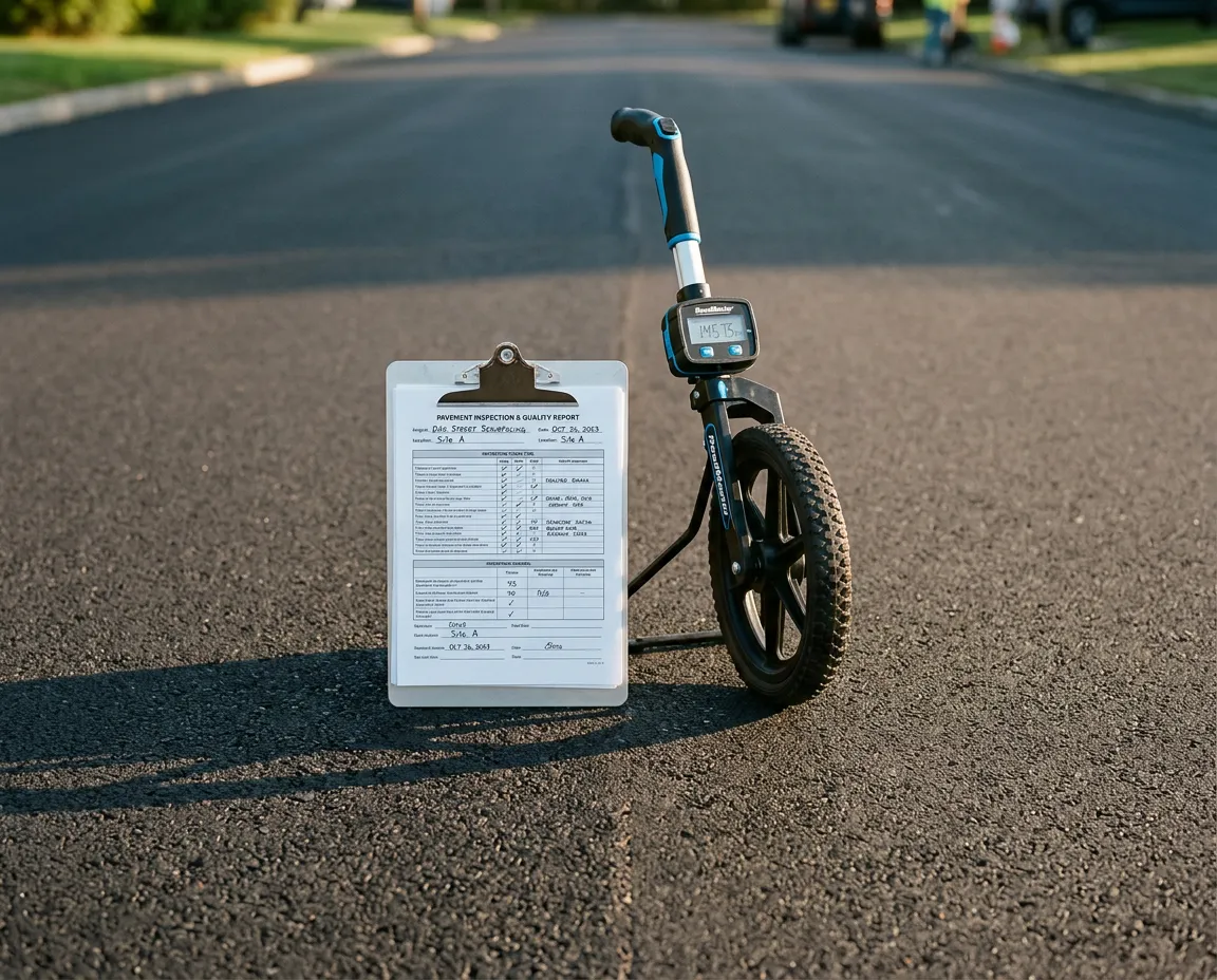 Paving contractor inspecting asphalt condition and discussing project specifications