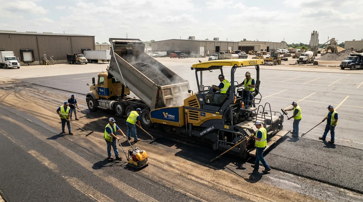 Heavy paving machinery laying hot asphalt on commercial industrial property
