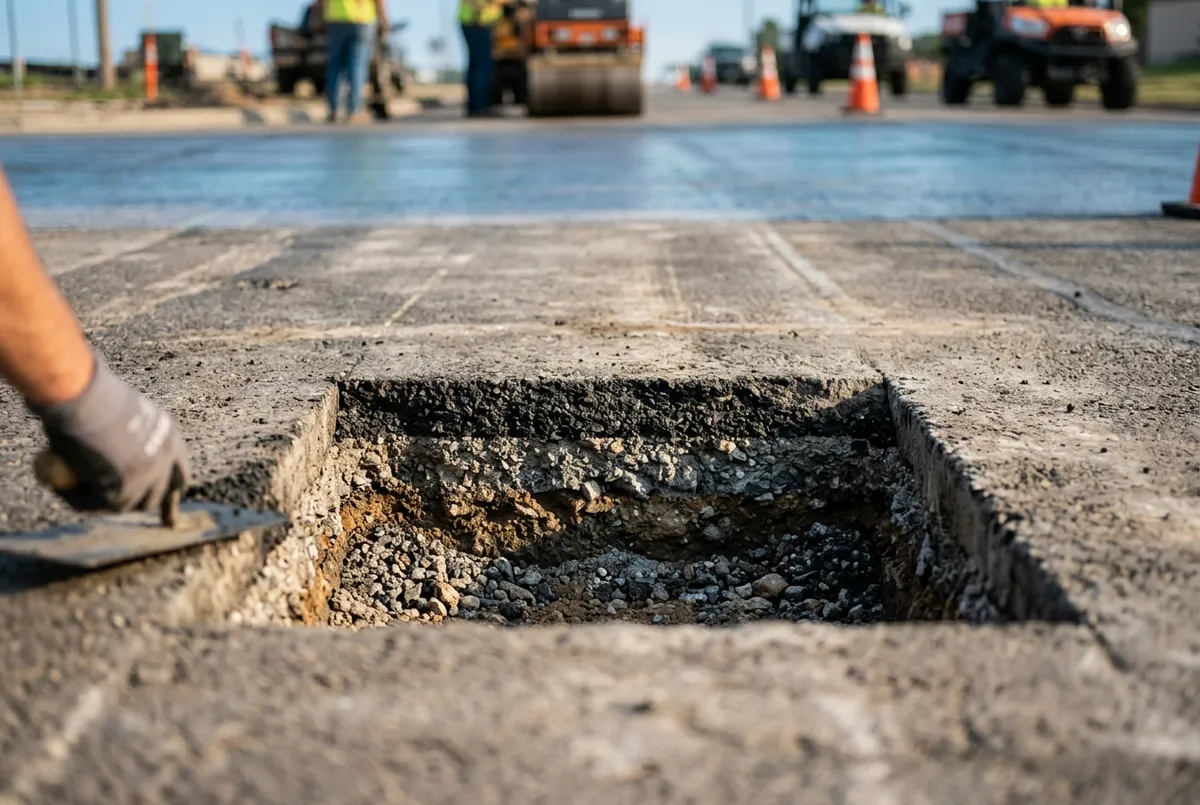 Pothole cut out and clean patch asphalt repair in progress