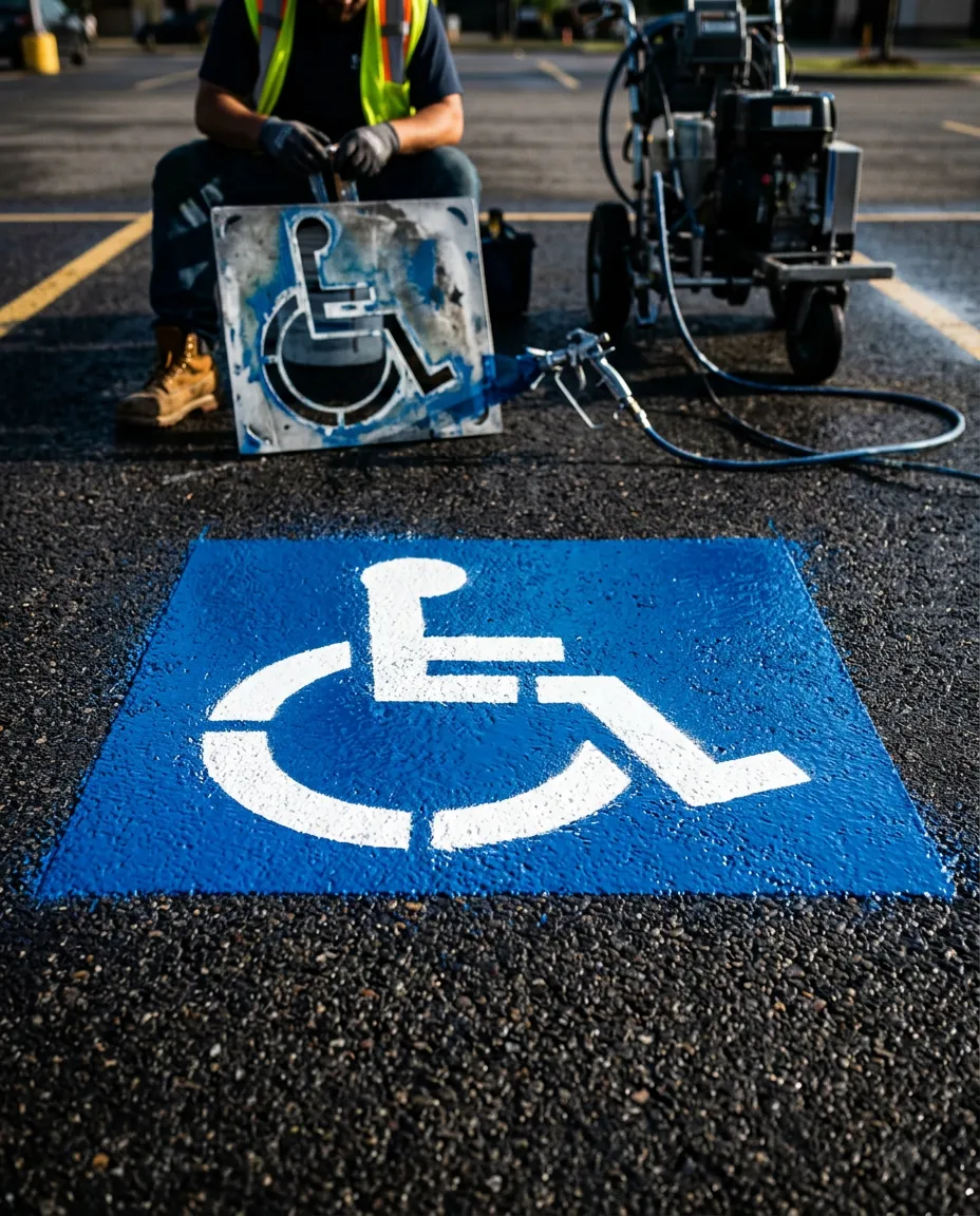 Professional asphalt line striper applying bright blue background and white handicap parking stencil to parking lot pavement