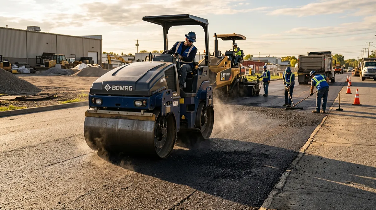 Heavy compaction roller repairing and smoothing hot-mix asphalt patch
