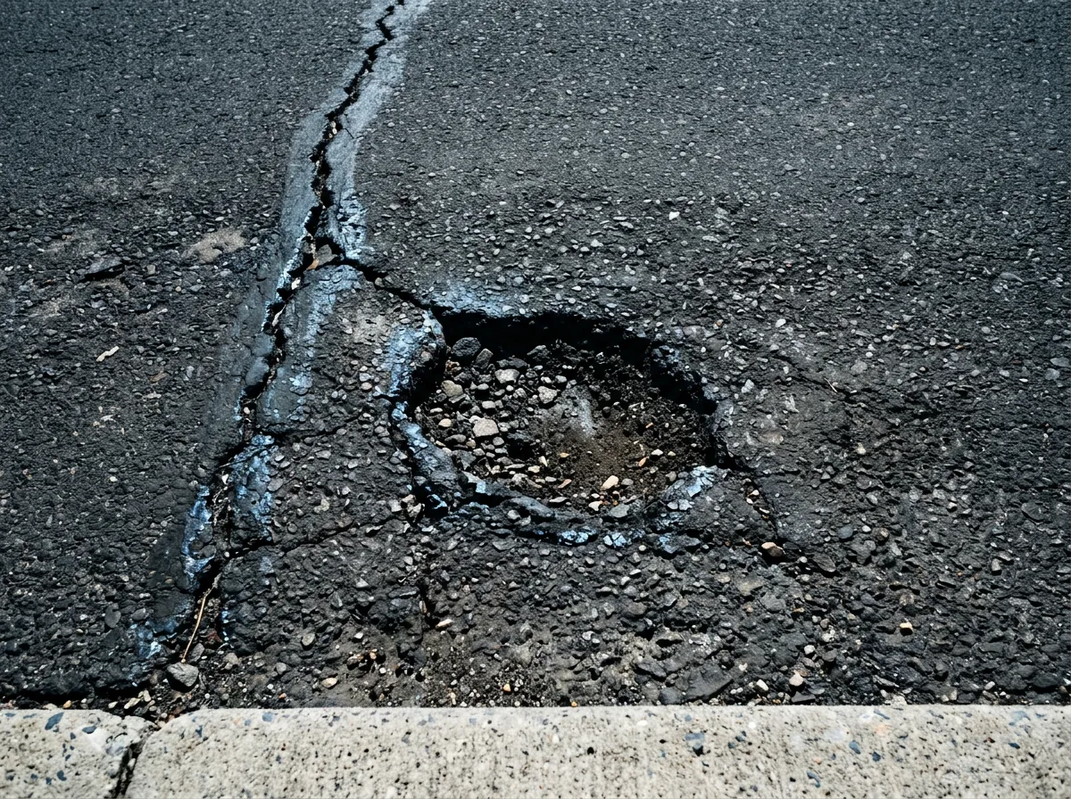 Close-up of residential asphalt crack and pothole repair before sub-base erosion begins