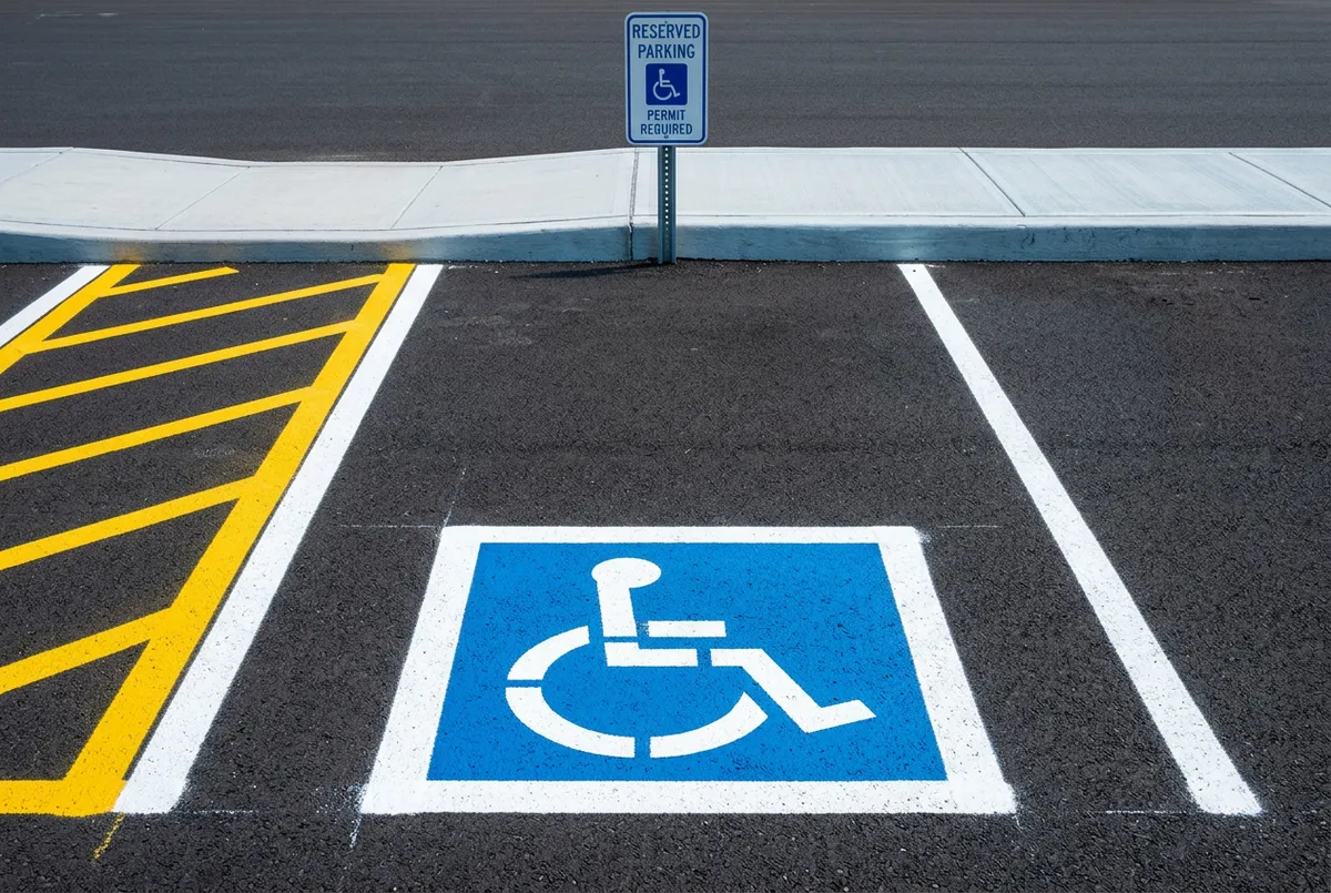Crisp bright yellow and white parking stall line striping and handicap stalls