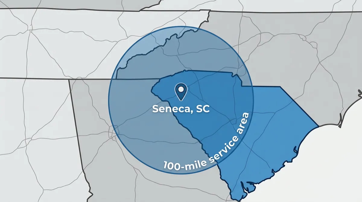 Map showing Blue Ridge Blacktop’s service area within a 100-mile radius of Seneca, South Carolina