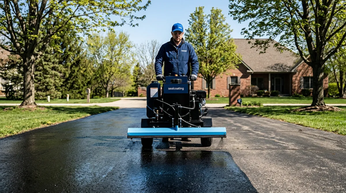 Commercial asphalt sealcoating machine applying rich jet-black protective sealant