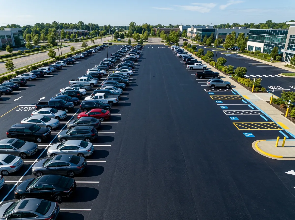 Commercial asphalt parking lot with sharp yellow and white line striping and smooth blacktop surface