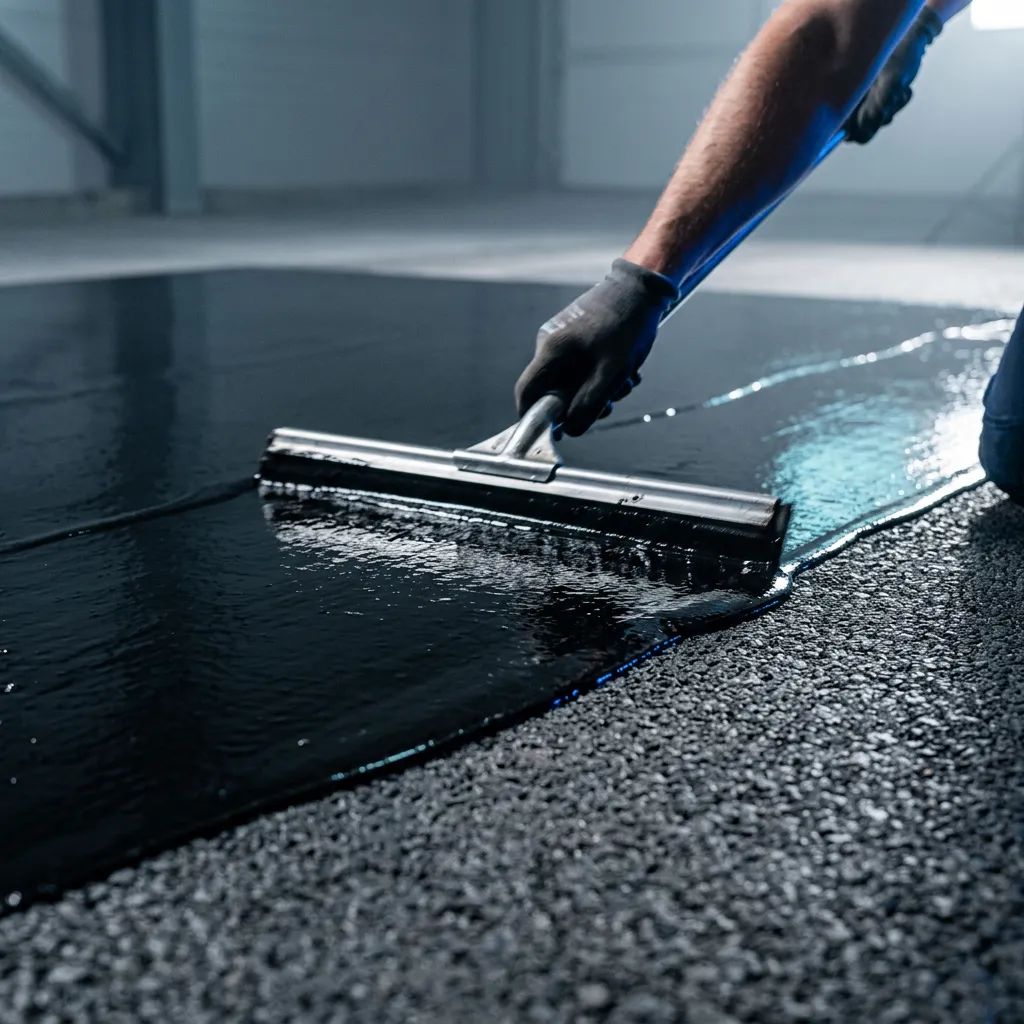Professional technician applying industrial-grade black asphalt sealcoat with precision squeegee equipment