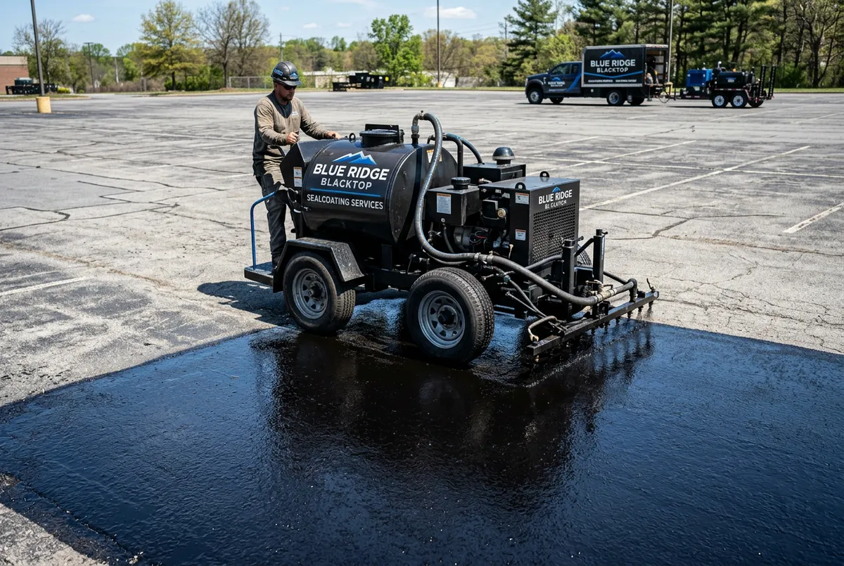 Commercial asphalt sealcoating machine applying protective dark sealant