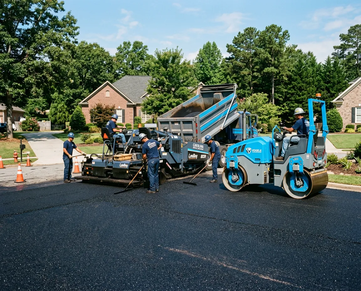 Blue Ridge Blacktop paving crew compacting a fresh asphalt driveway with precision equipment in Upstate South Carolina
